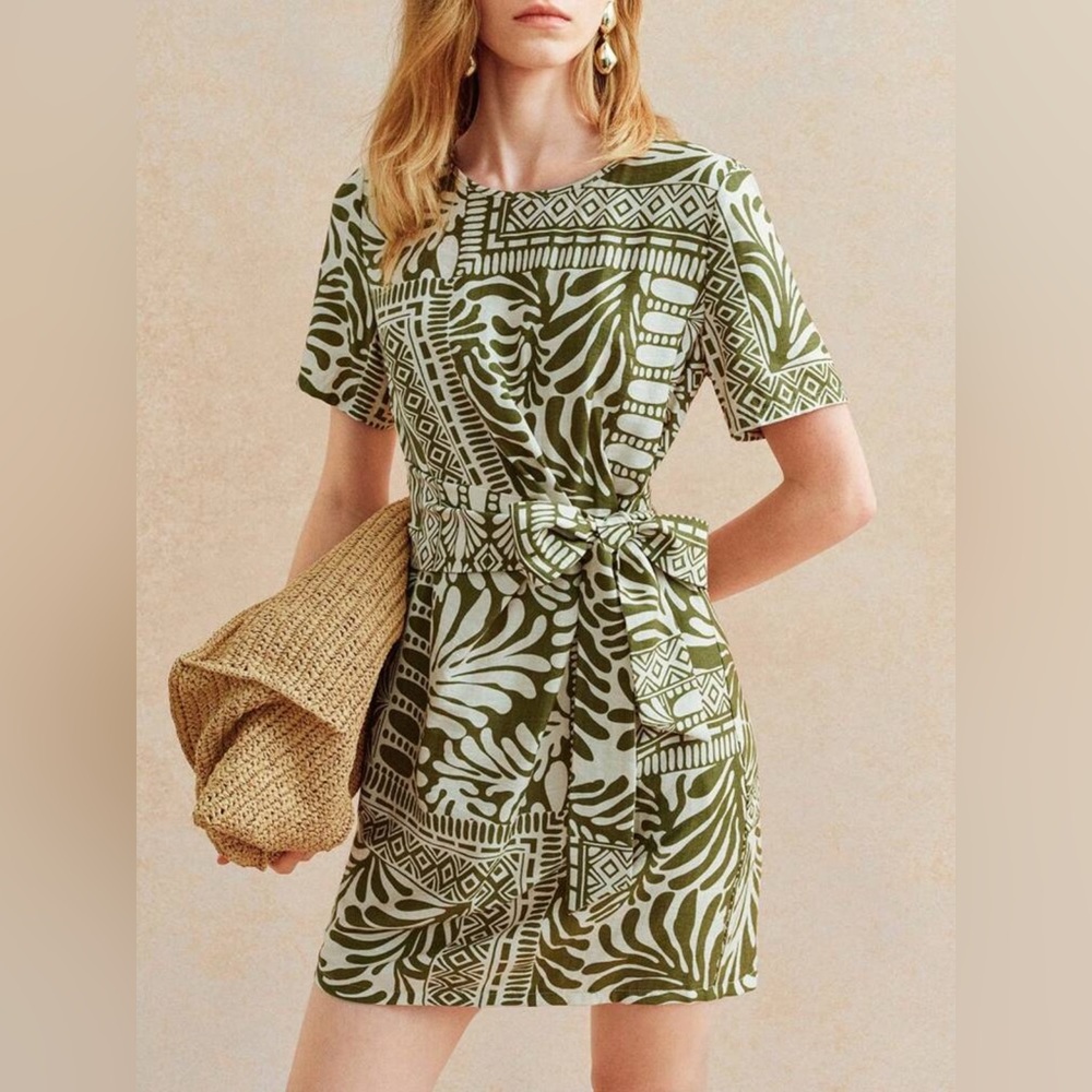 linen Dress Green and White short sleeve belted geometric print